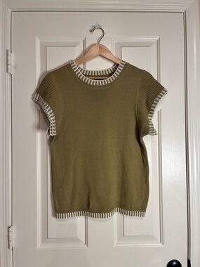 Olive Knit Cap-Sleeve Tank with Contrast White Trim